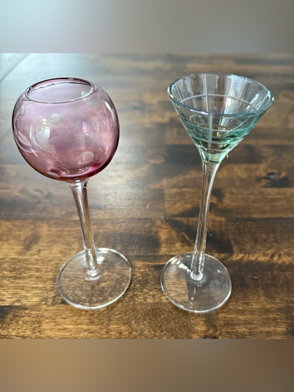 Vintage MCM Mini Cordial Glasses, 1 Martini and 1 Balloon, .5 Oz Pink/Blue